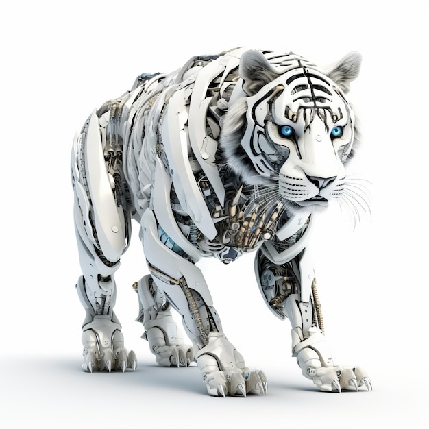 Tigre blanco robot animal robótico aislado sobre fondo blanco.