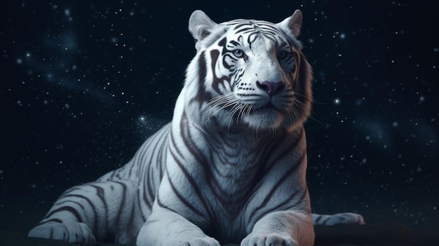 Tigre blanco sobre un fondo oscuro con un ai generador de cielo estrellado