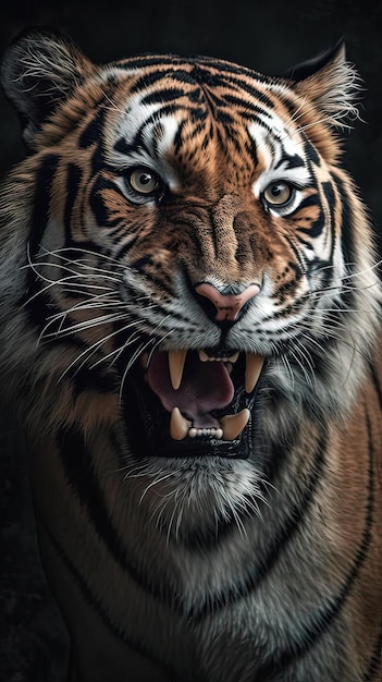 Un tigre con la boca abierta y un fondo negro.