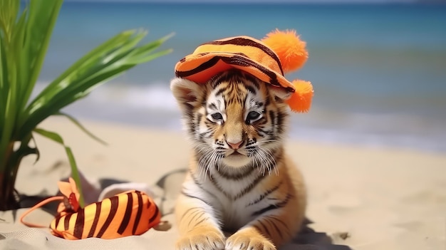 Tigre bonito usando um chapéu na praia com fundo de mar