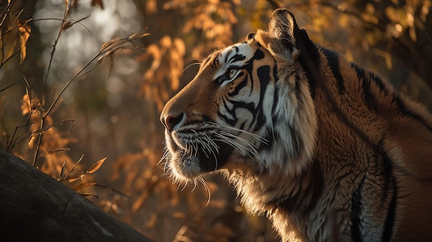 Un tigre en el bosque al atardecer.