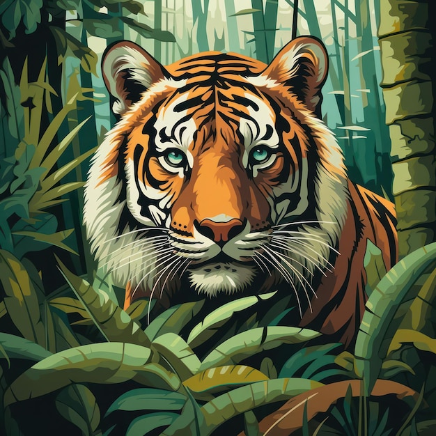 Tigre en el bosque color plano sólido