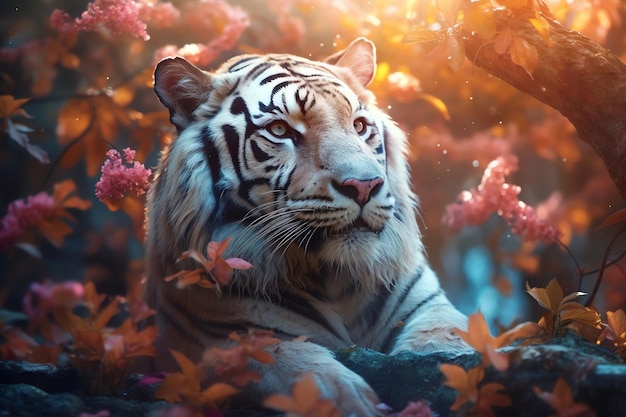 Un tigre en un bosque de flores rosas.