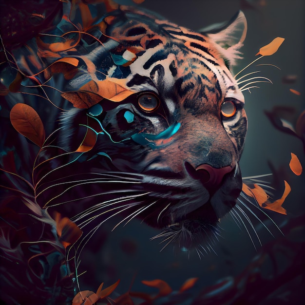 Tigre en el bosque con hojas y flores ilustración 3d