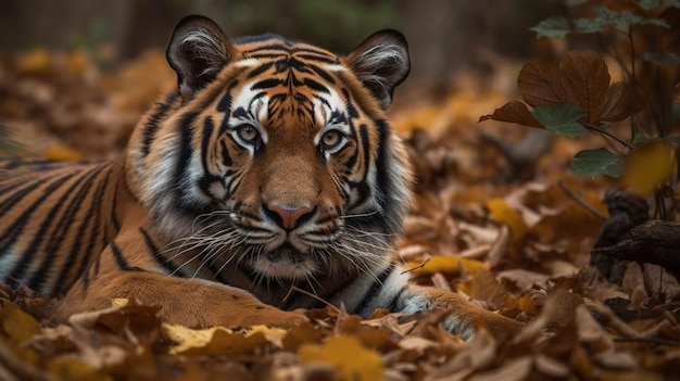 Un tigre en el bosque con hojas en el fondo.