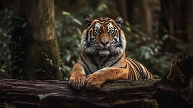 Un tigre en el bosque con una rama de árbol en primer plano