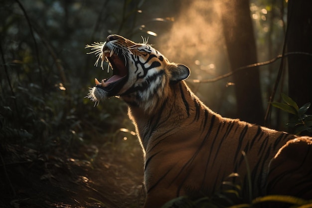 Un tigre en el bosque con el sol brillando en su rostro.