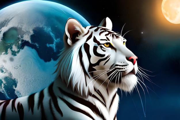 Tigre branco com a lua ao fundo