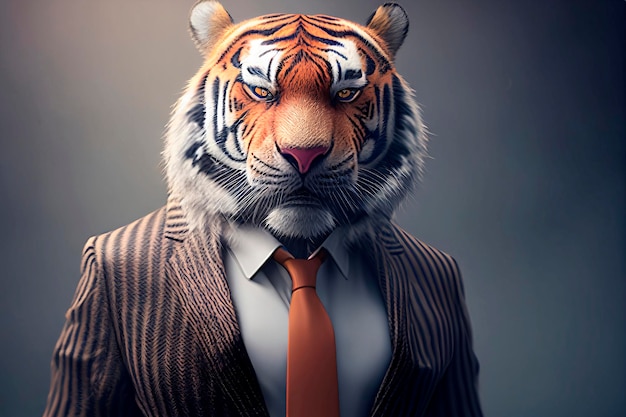 Tigre bravo em traje de negócios no escritório de perto