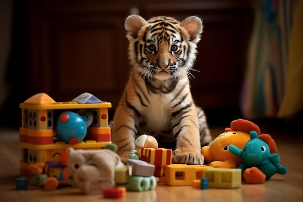 Tigre Brincalhão Adorável Bebê Tigre Envolvendo-se com Brinquedos IA Generativa