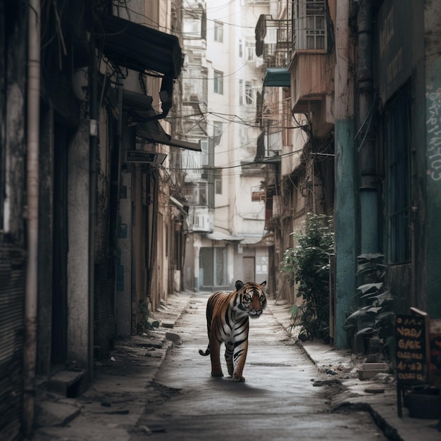 Un tigre camina por una calle estrecha en India