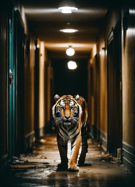 un tigre camina en un pasillo en un edificio