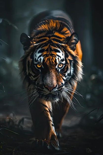 Un tigre caminando por un bosque oscuro lleno de hojas