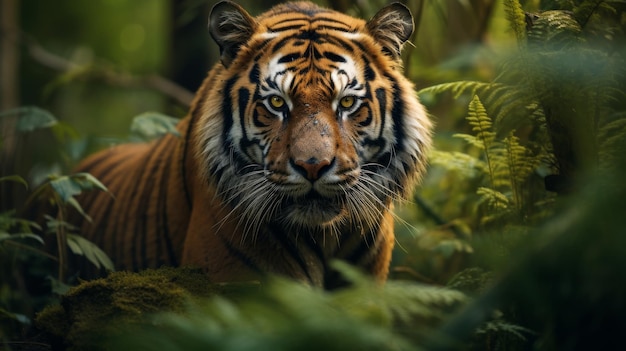 Un tigre caminando por un bosque verde y exuberante