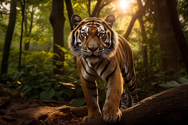 Un tigre caminando por un bosque