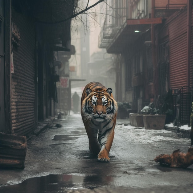 Un tigre caminando por una calle con un letrero que dice "el tigre está caminando por la calle".