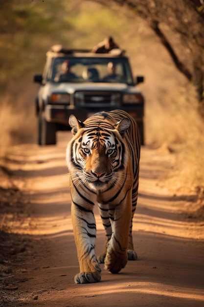 Un tigre caminando por un camino de tierra junto a un automóvil Imagen generativa de IA