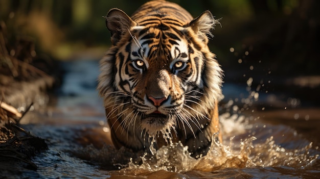 Tigre caminando por el camino a través del borde de un hermoso arroyo