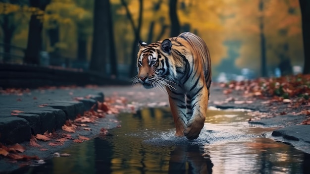 Foto tigre caminando por la carretera a través del borde de un hermoso arroyo