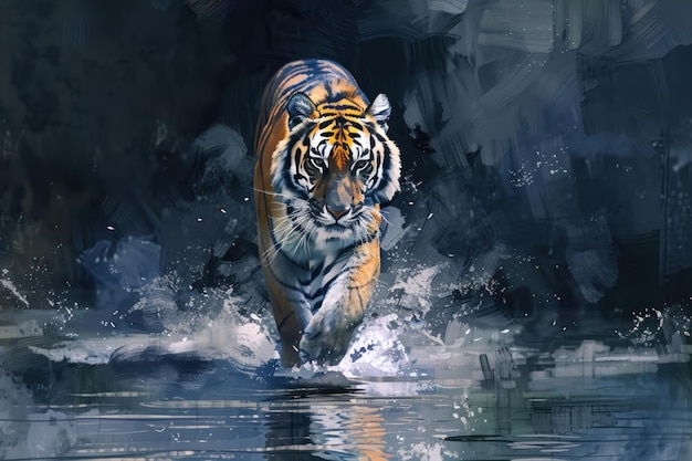 Un tigre caminando en el estilo de color agua