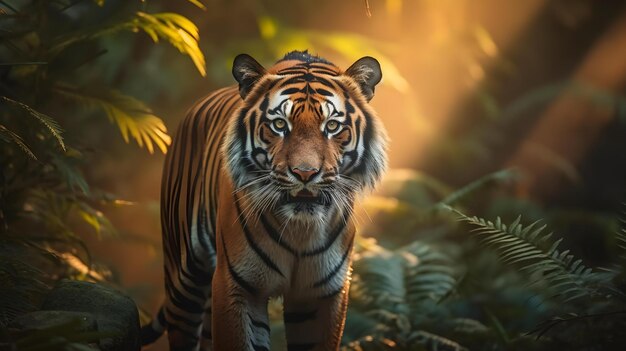 un tigre caminando por la jungla con el sol brillando