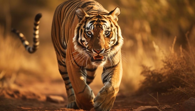 un tigre caminando en la naturaleza con un fondo borroso