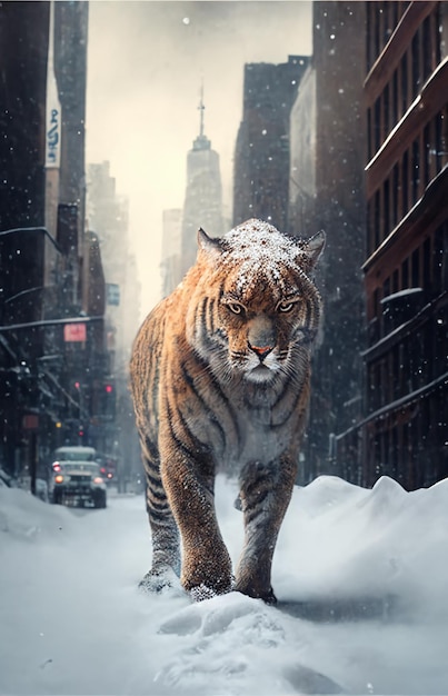 Un tigre caminando en la nieve.