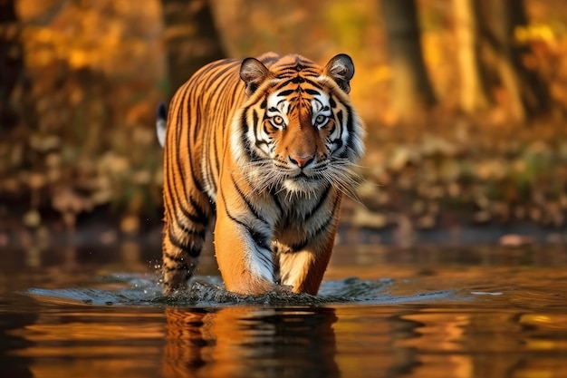 Un tigre caminando por un río.