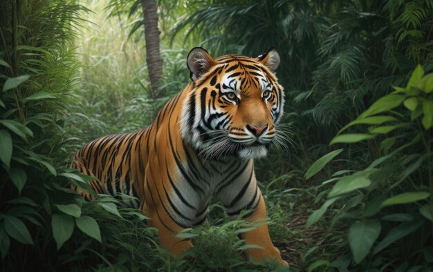 Tigre caminhando pela selva verde