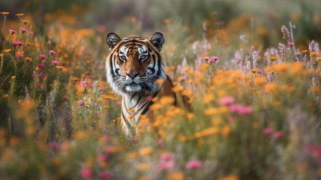 Tigre en un campo de flores