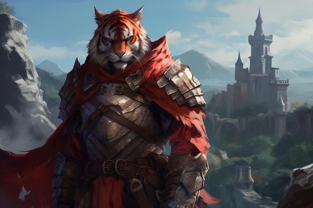 Un tigre con una capa roja se para frente a un castillo.