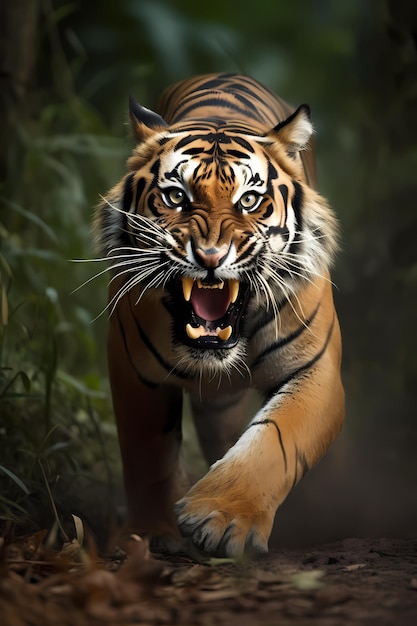 Un tigre con la cara negra y rayas naranjas en la cara.