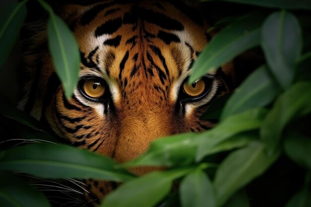 un tigre con una cara de tigre y hojas verdes