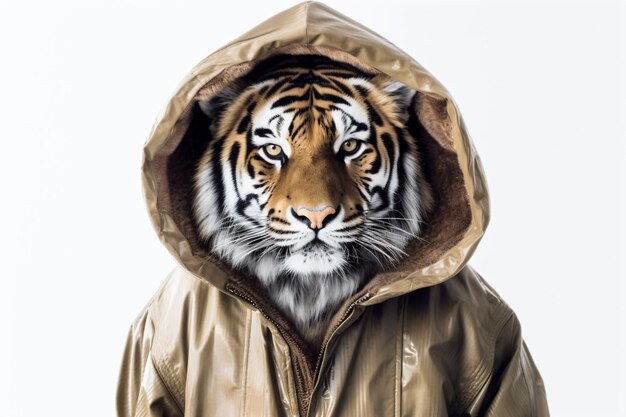 Un tigre con una chaqueta con capucha.