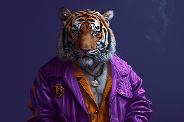 Un tigre con una chaqueta morada con la letra e en i