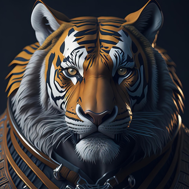 Un tigre con un collar dorado y un fondo negro.