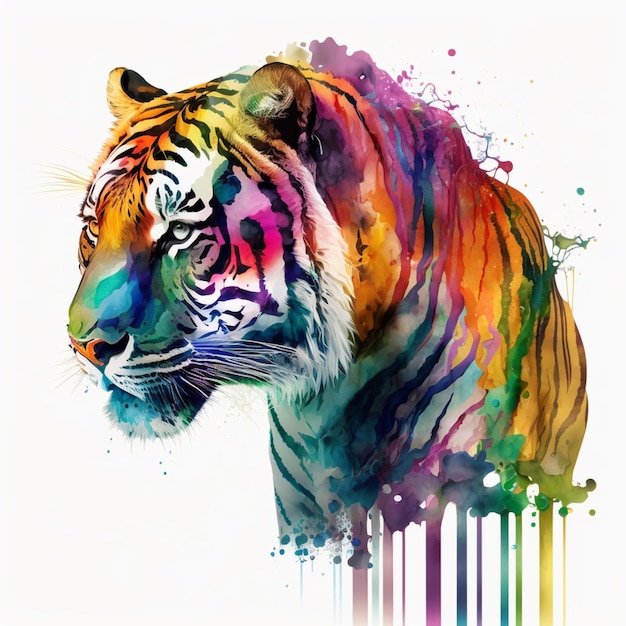 Un tigre colorido está pintado sobre un fondo blanco.