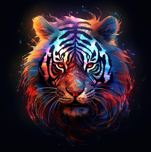 Un tigre colorido con un fondo negro y un fondo negro.