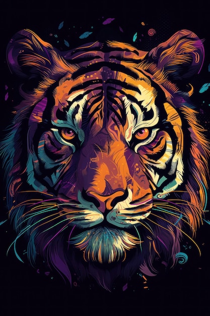 Un tigre colorido con un fondo negro.