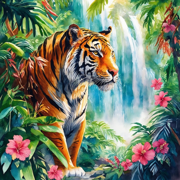 Foto tigre colorido na selva com flores e cachoeira