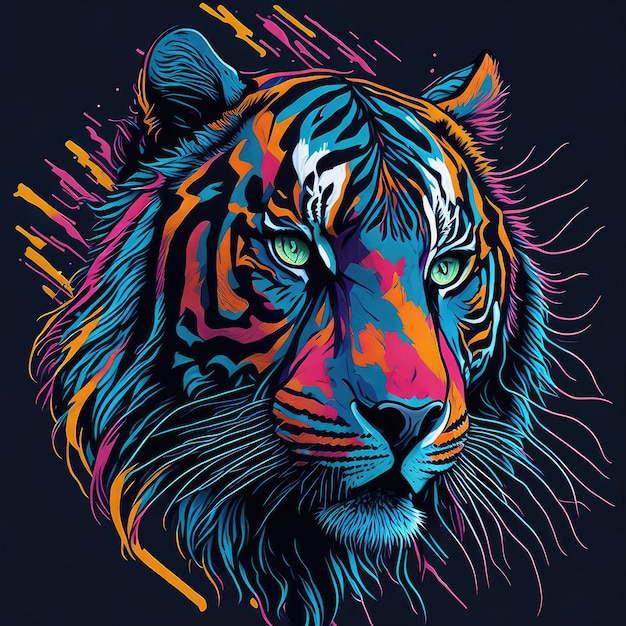 Un tigre colorido con un ojo azul y un fondo negro.