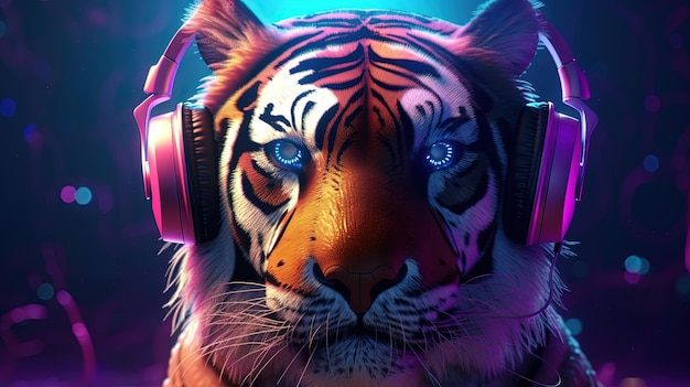 Tigre com ilustração de arte digital de fones de ouvido IA generativa