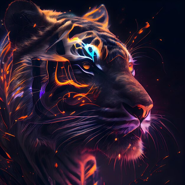 Tigre com luzes coloridas e efeito de fogo Pintura digital ilustração 3D