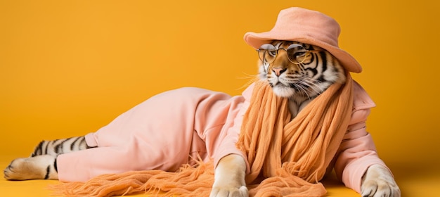 Foto tigre com óculos de sol e chapéu fotografia de estúdio de conceito de viagem com fundo pastel isolado