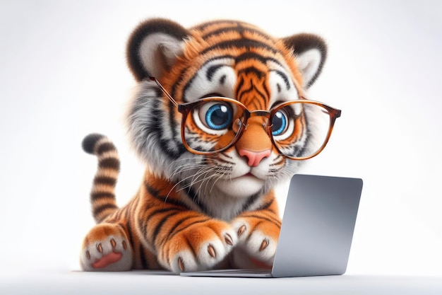 tigre com óculos e um olhar surpreso em seu rosto está olhando para um laptop em fundo branco
