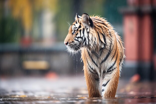 Tigre com pele úmida durante uma chuva leve