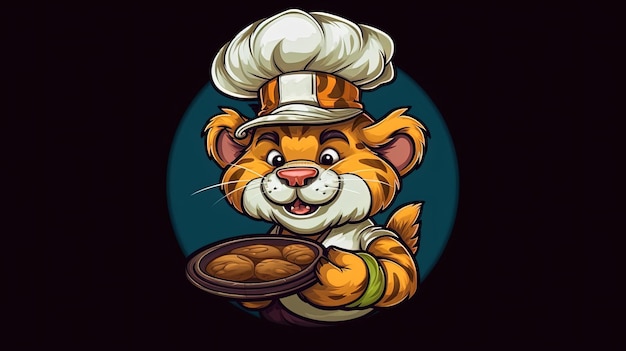 Tigre com um chapéu de chef e segurando uma frigideira em fundo preto Personagem de desenho animado Ilustração de desenho animado Generative Ai