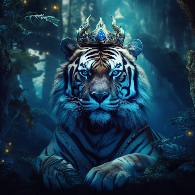 tigre com uma coroa na cabeça em uma floresta generativa ai