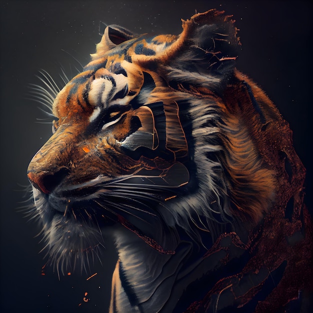 Tigre com uma tatuagem em uma renderização 3d de fundo preto