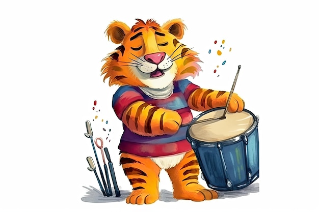 Tigre completamente vestido em vestido colorido tocando tambor e sorrindo isolado em um fundo branco